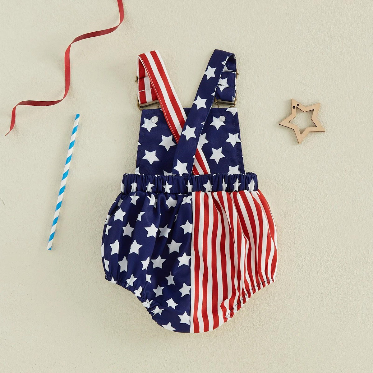Cross Back Suspender Red White and Blue Stars and Striped Infant 4th of July Outfits - ChildAngle
