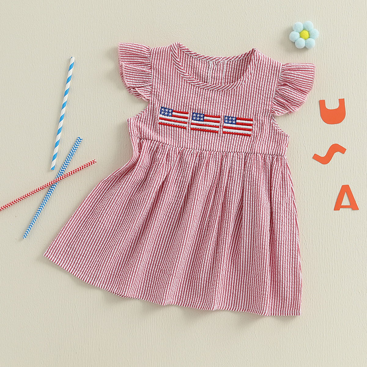 Red and white striped dress with American flag design - ChildAngle