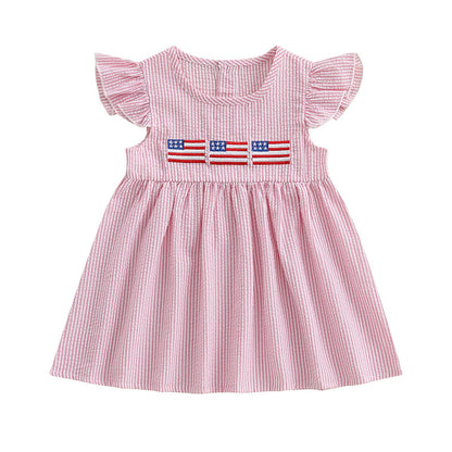 Pink Striped American Flag Toddler Flutter Sleeve Dress - ChildAngle