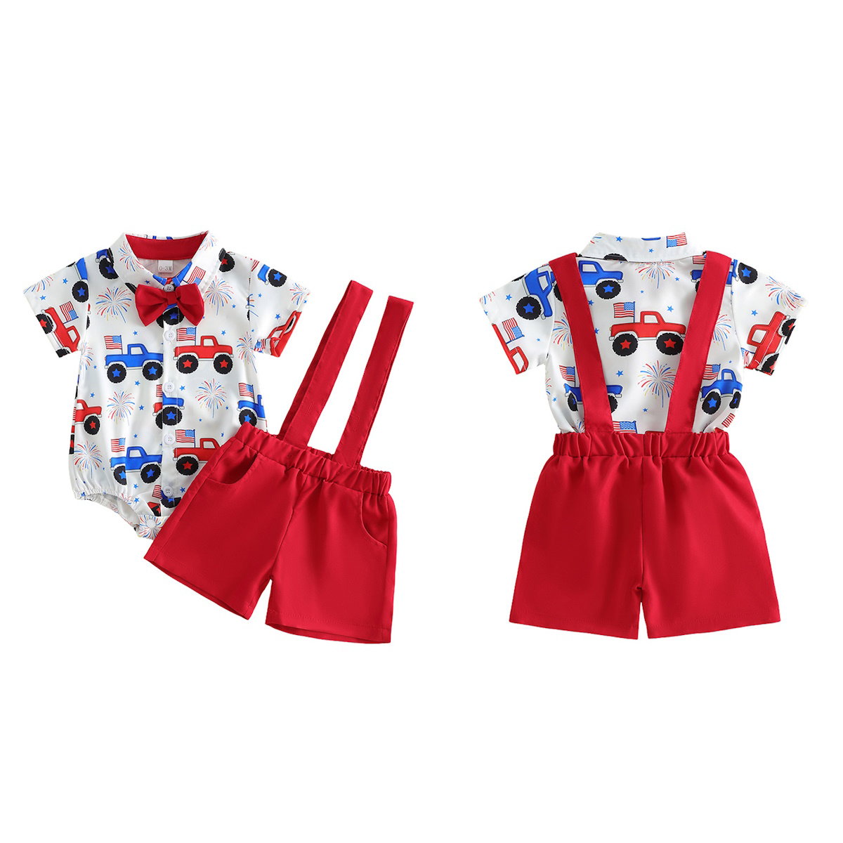 Infant Boys 4th of July Outfits American Flag on Truck Baby Romper and Red Overalls Shorts - ChildAngle Independence Day Outfits