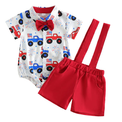 Infant Boys 4th of July Outfits American Flag on Truck Baby Romper and Red Overalls Shorts - ChildAngle Independence Day Outfits
