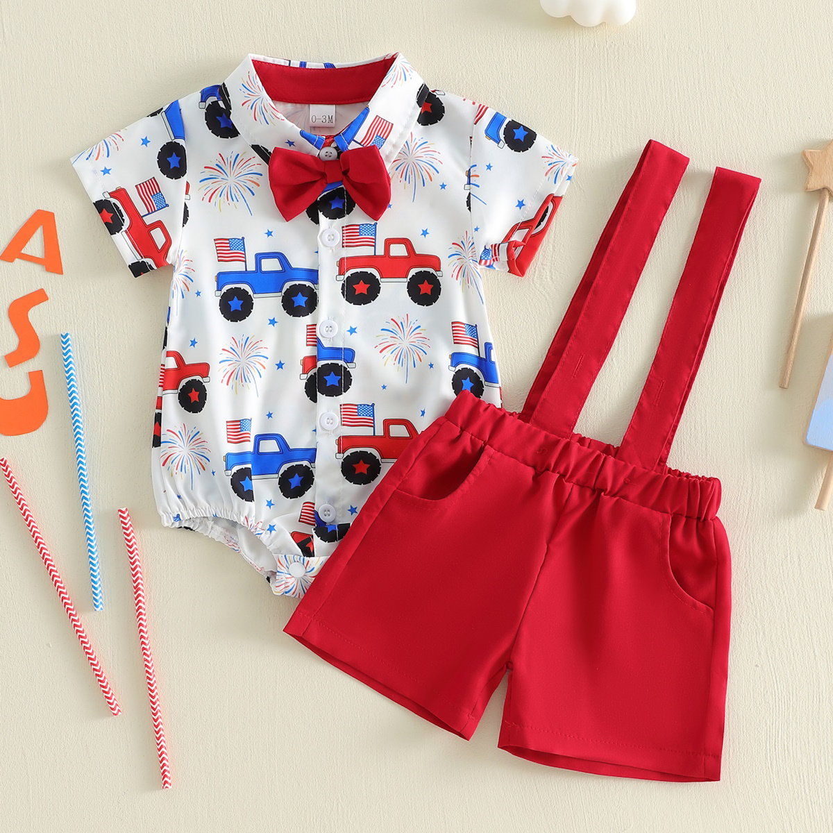 Infant Boys 4th of July Outfits American Flag on Truck Baby Romper and Red Overalls Shorts - ChildAngle Independence Day Outfits