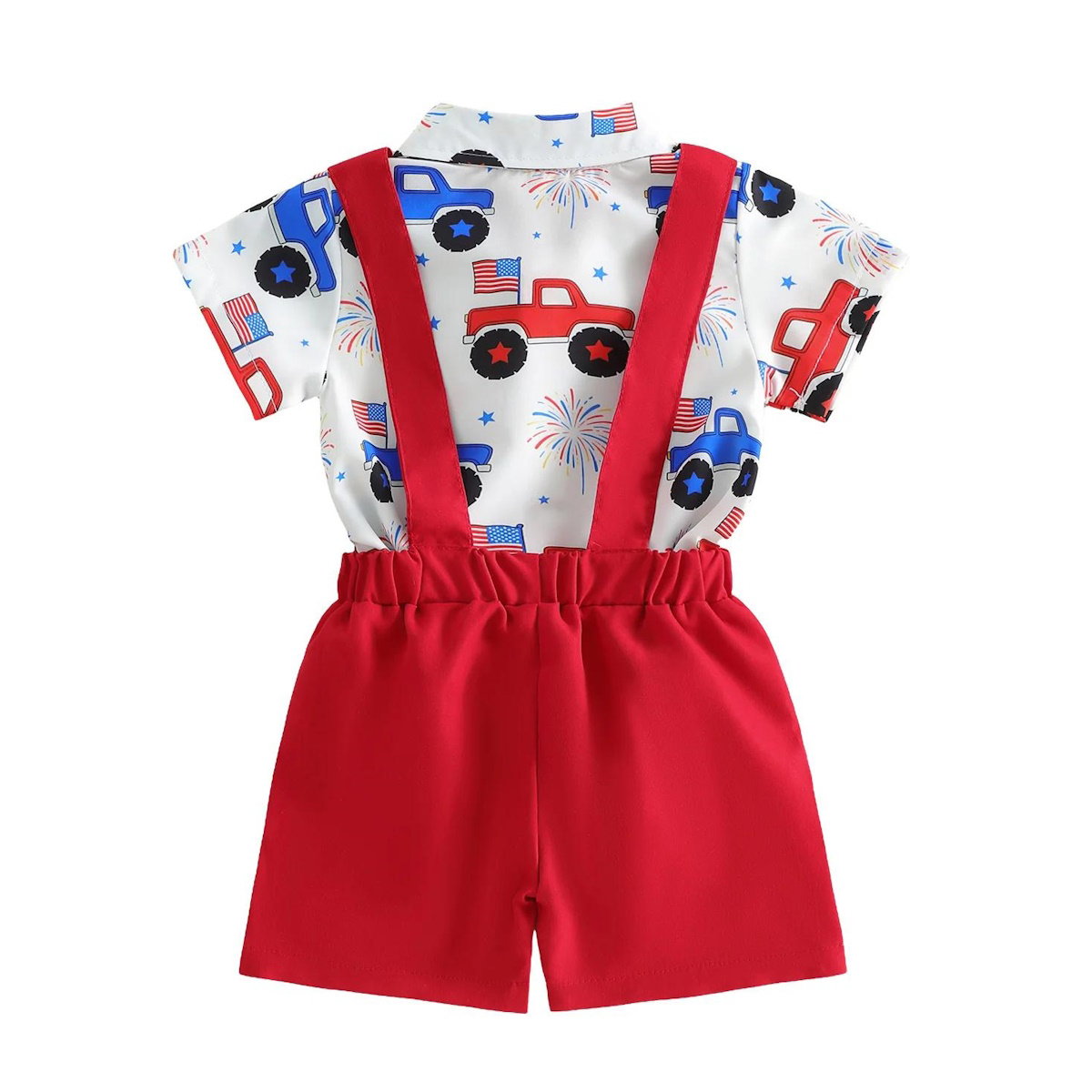 Infant Boys 4th of July Outfits American Flag on Truck Baby Romper and Red Overalls Shorts - ChildAngle Independence Day Outfits