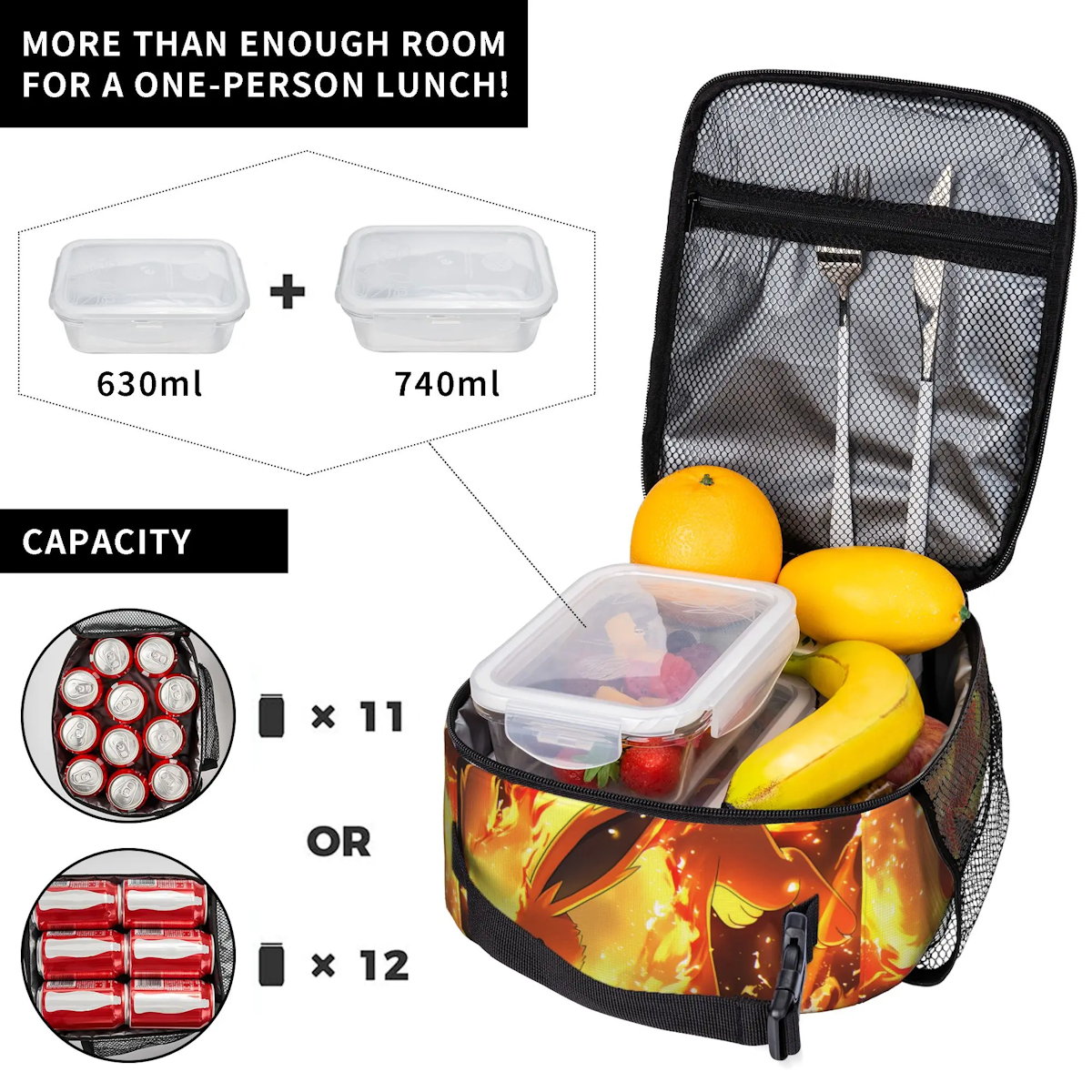 Pikachu Charizard Flareon Pokemon Insulated Lunch Bag Portable Lunch Tote - ChildAngle