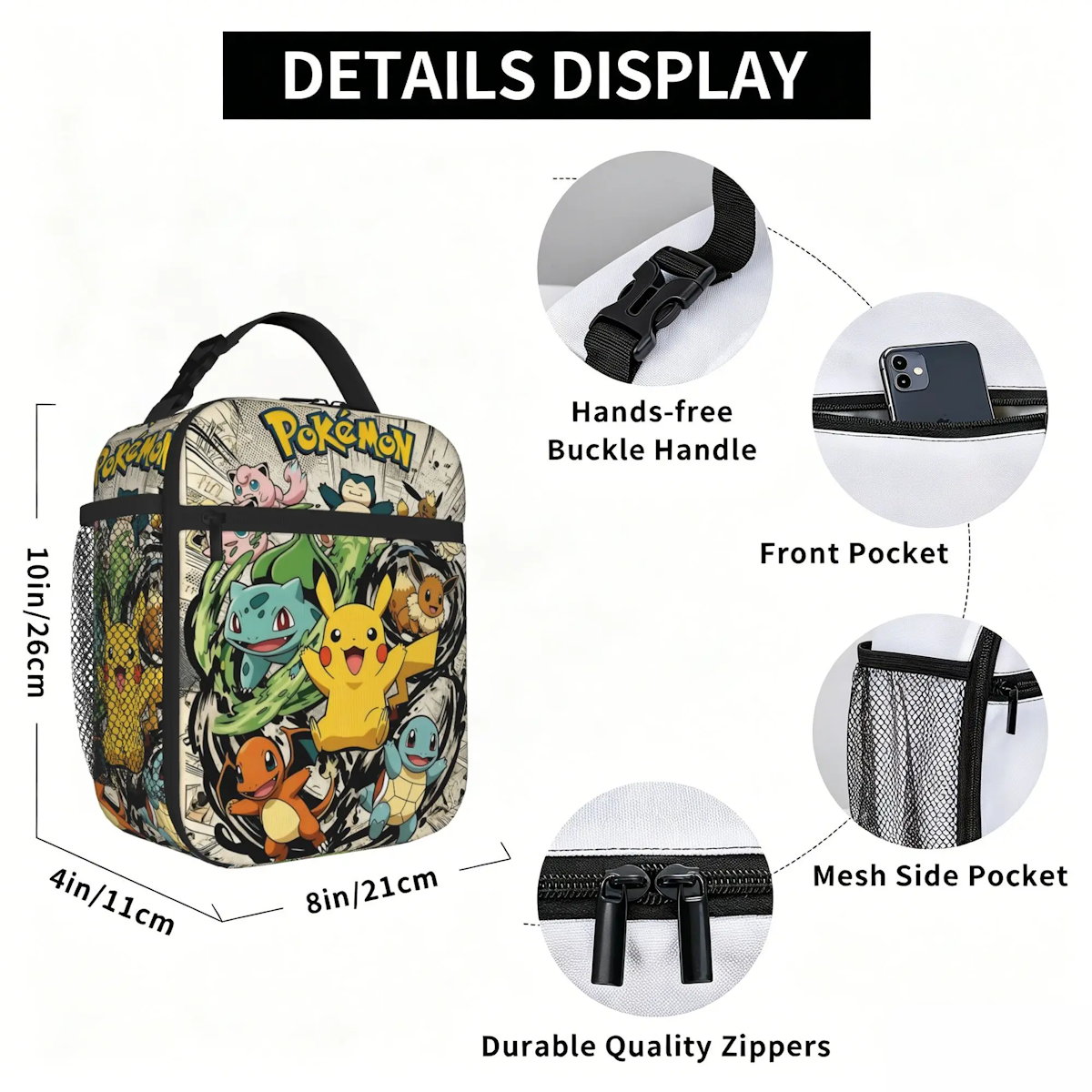 Pikachu Charizard Flareon Pokemon Insulated Lunch Bag Portable Lunch Tote - ChildAngle