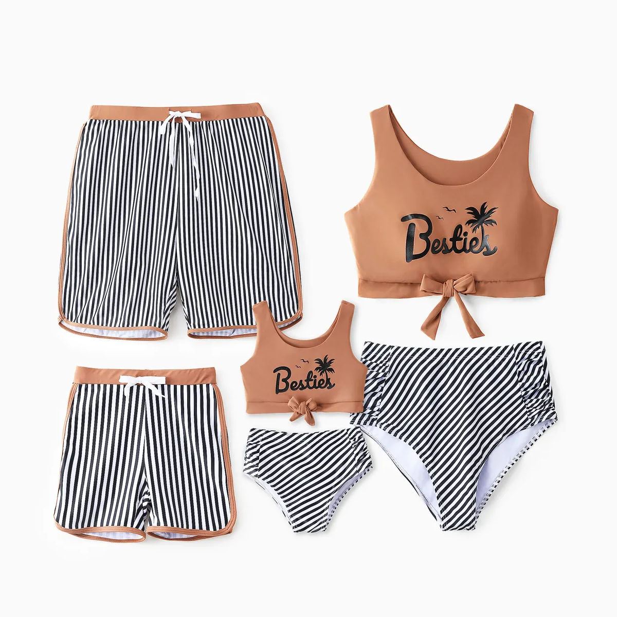 Khaki Besties Tank Top Front Knot Bikini Set Striped Family Matching Swimsuits and Striped Drawstring Swim Trunks - ChildAngle