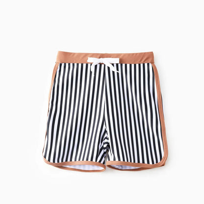 Khaki Besties Tank Top Front Knot Bikini Set Striped Family Matching Swimsuits and Striped Drawstring Swim Trunks - ChildAngle