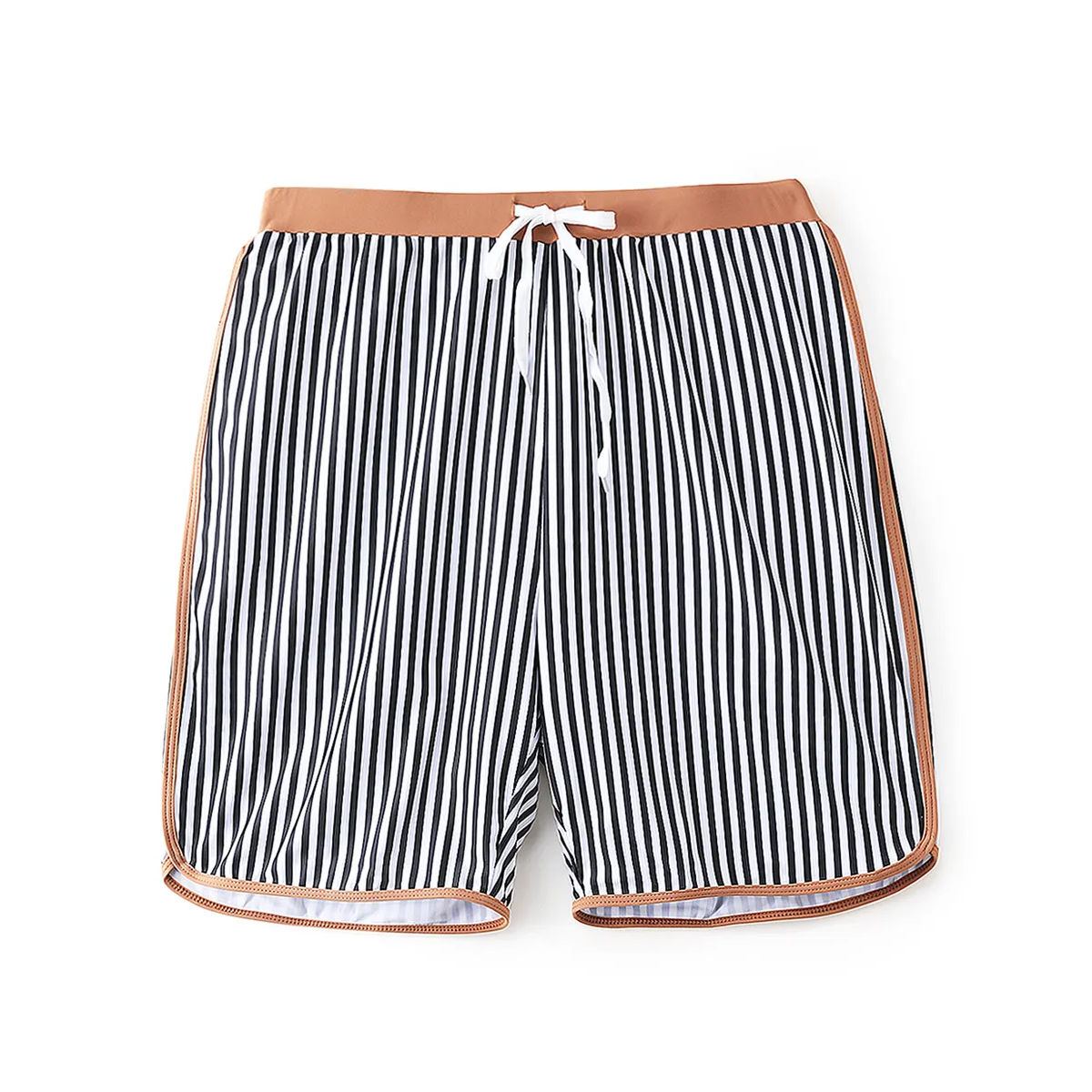 Khaki Besties Tank Top Front Knot Bikini Set Striped Family Matching Swimsuits and Striped Drawstring Swim Trunks - ChildAngle