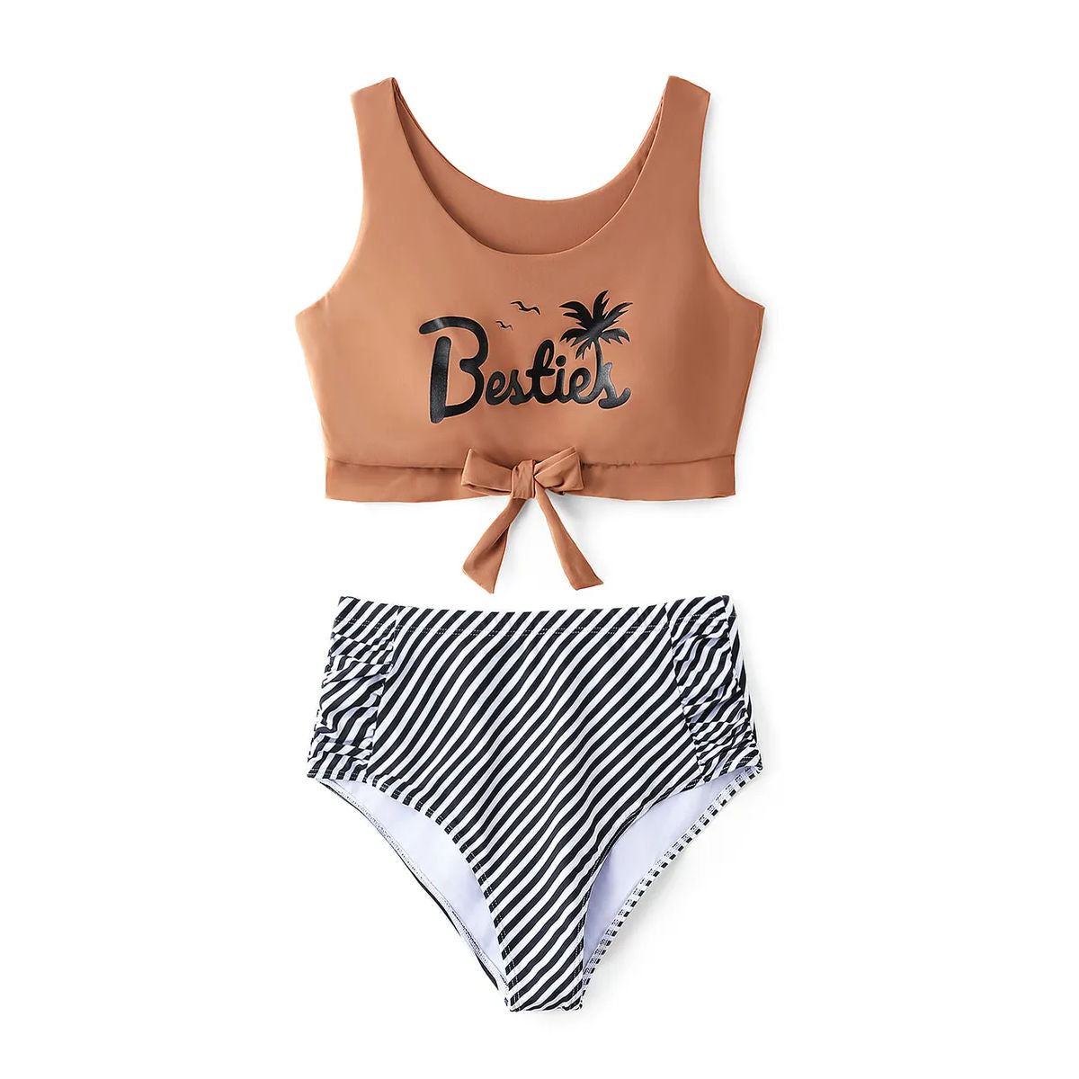 Khaki Besties Tank Top Front Knot Bikini Set Striped Family Matching Swimsuits and Striped Drawstring Swim Trunks - ChildAngle