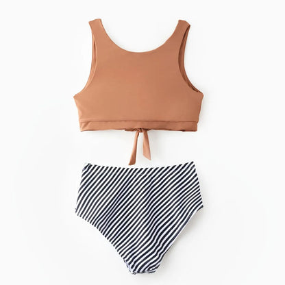 Khaki Besties Tank Top Front Knot Bikini Set Striped Family Matching Swimsuits and Striped Drawstring Swim Trunks - ChildAngle