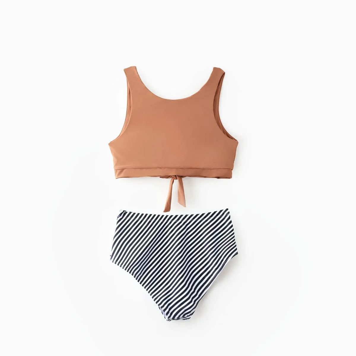 Khaki Besties Tank Top Front Knot Bikini Set Striped Family Matching Swimsuits and Striped Drawstring Swim Trunks - ChildAngle