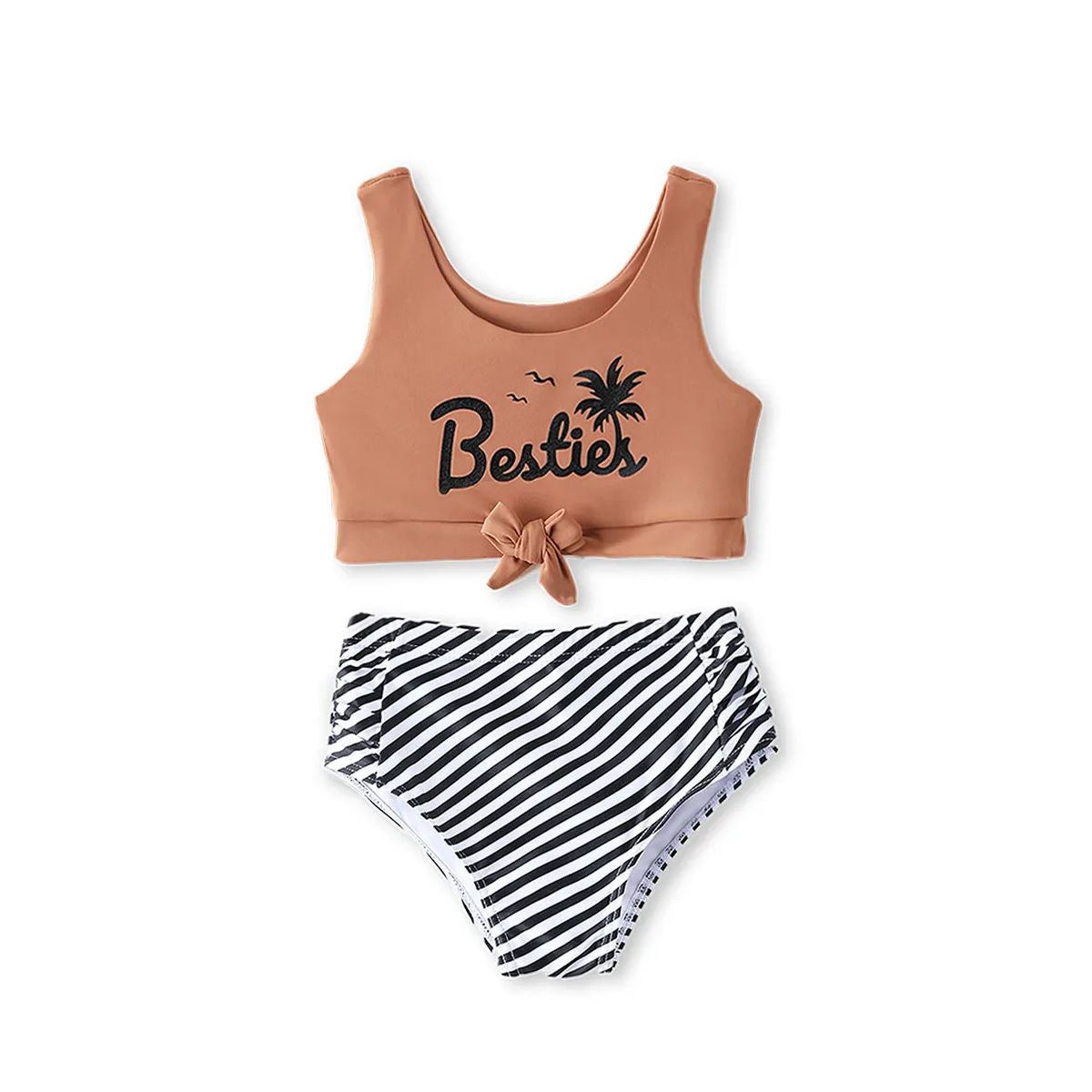 Khaki Besties Tank Top Front Knot Bikini Set Striped Family Matching Swimsuits and Striped Drawstring Swim Trunks - ChildAngle