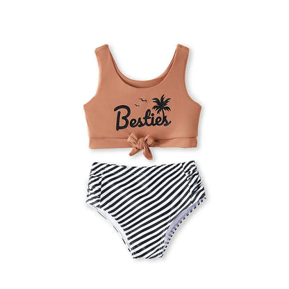 Khaki Besties Tank Top Front Knot Bikini Set Striped Family Matching Swimsuits and Striped Drawstring Swim Trunks - ChildAngle