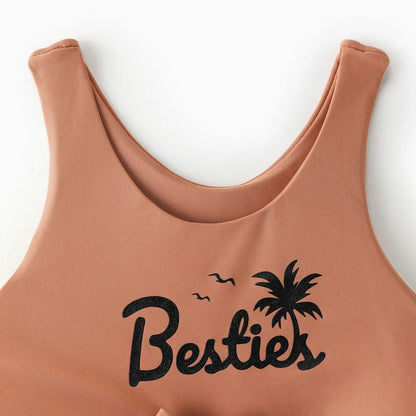 Khaki Besties Tank Top Front Knot Bikini Set Striped Family Matching Swimsuits and Striped Drawstring Swim Trunks - ChildAngle