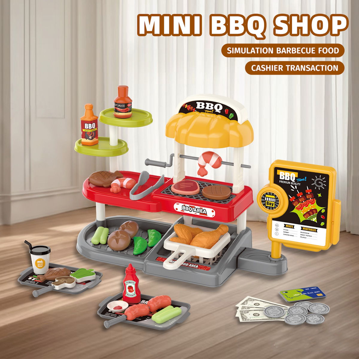 Kids Pretend Play BBQ Shrimp Fish Steak Grill with Ordering Machine - ChildAngle