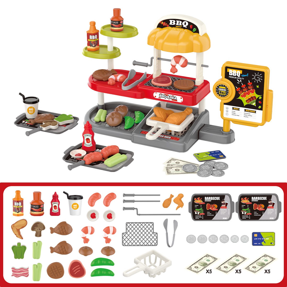 Kids Pretend Play BBQ Shrimp Fish Steak Grill with Ordering Machine - ChildAngle