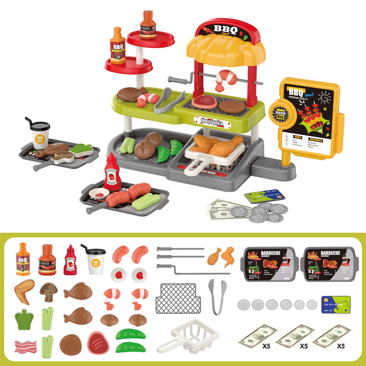 Kids Pretend Play BBQ Shrimp Fish Steak Grill with Ordering Machine - ChildAngle