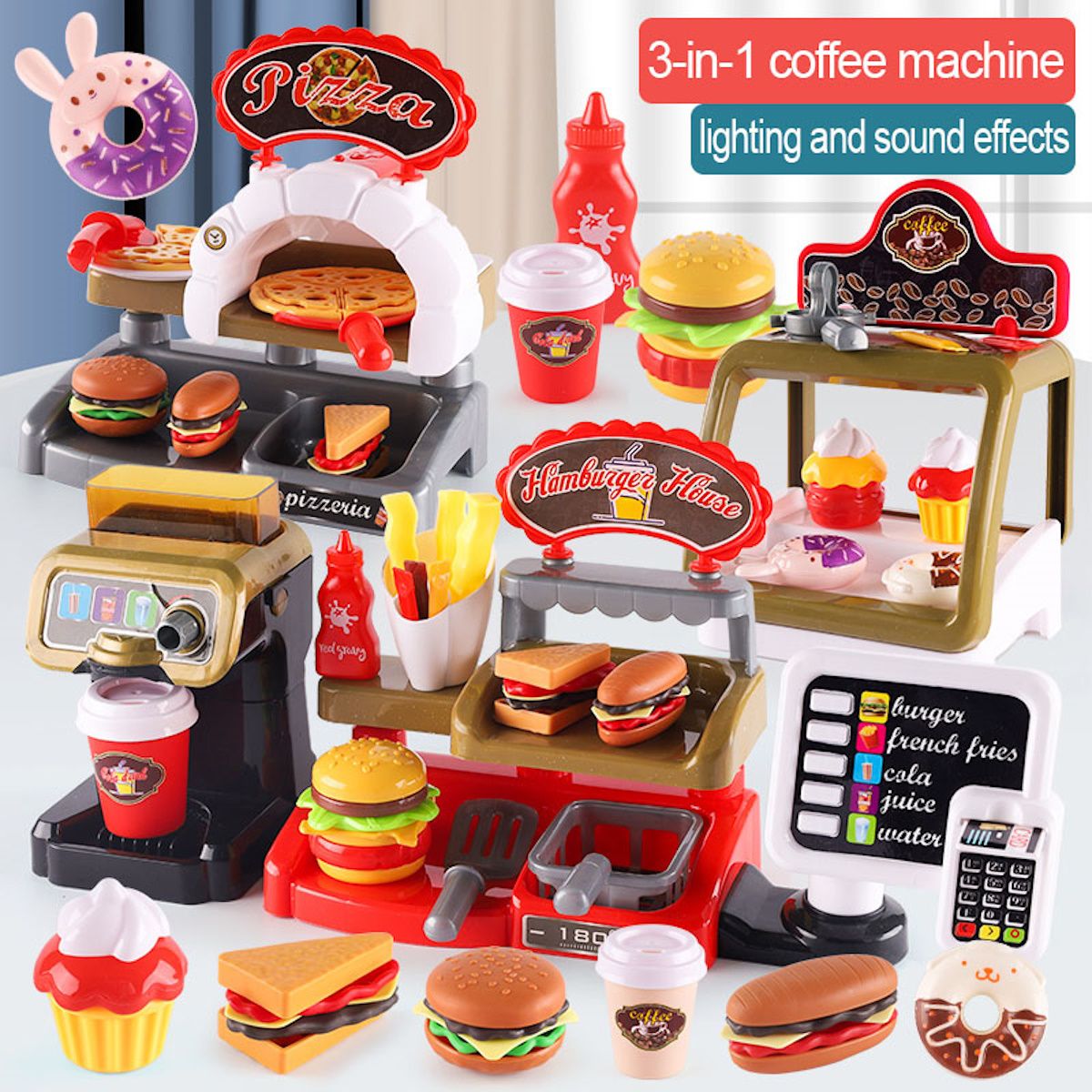 Kids Pretend Play Coffee Maker Hamburger Pizza & Dessert Station with Cash Register - ChildAngle