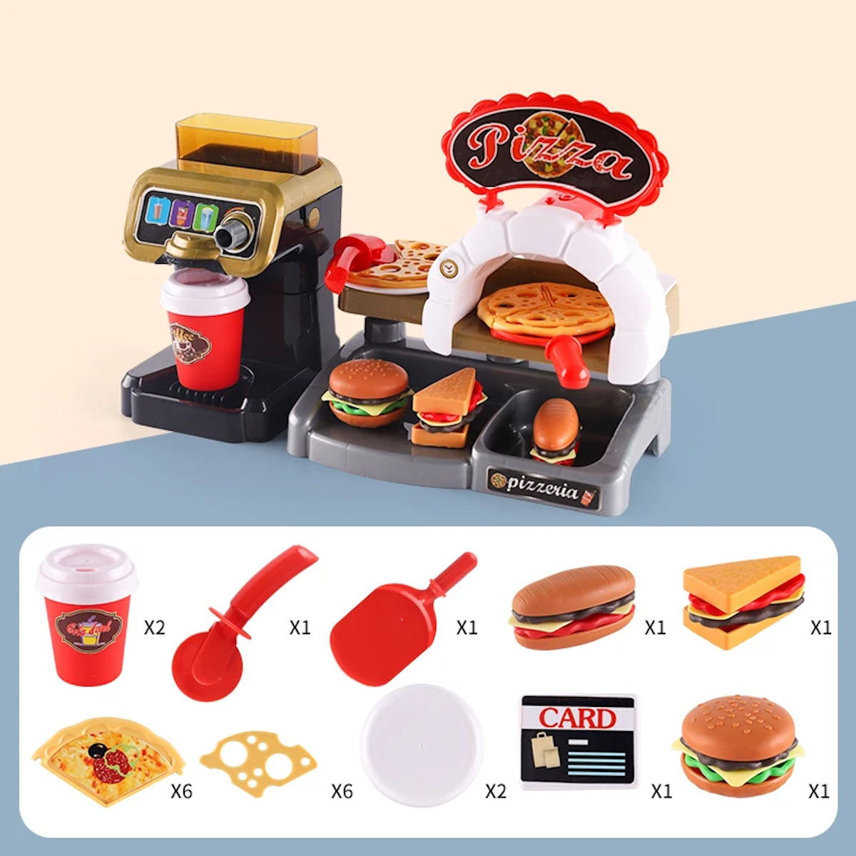 Kids Pretend Play Coffee Maker Hamburger Pizza & Dessert Station with Cash Register - ChildAngle