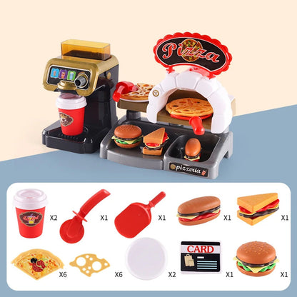 Kids Pretend Play Coffee Maker Hamburger Pizza & Dessert Station with Cash Register - ChildAngle