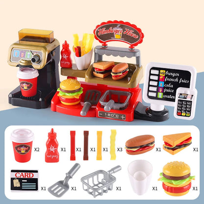 Kids Pretend Play Coffee Maker Hamburger Pizza & Dessert Station with Cash Register - ChildAngle