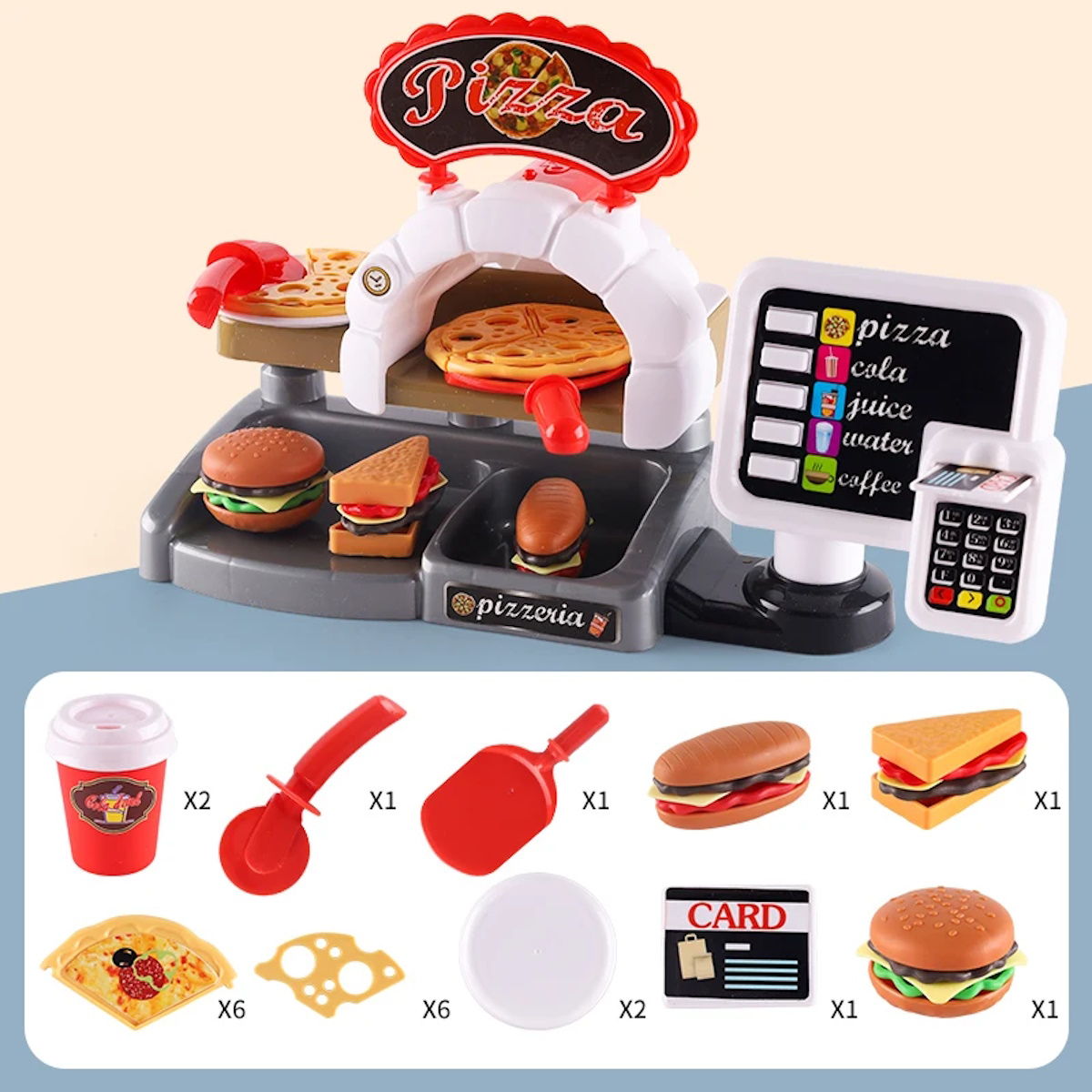 Kids Pretend Play Coffee Maker Hamburger Pizza & Dessert Station with Cash Register - ChildAngle