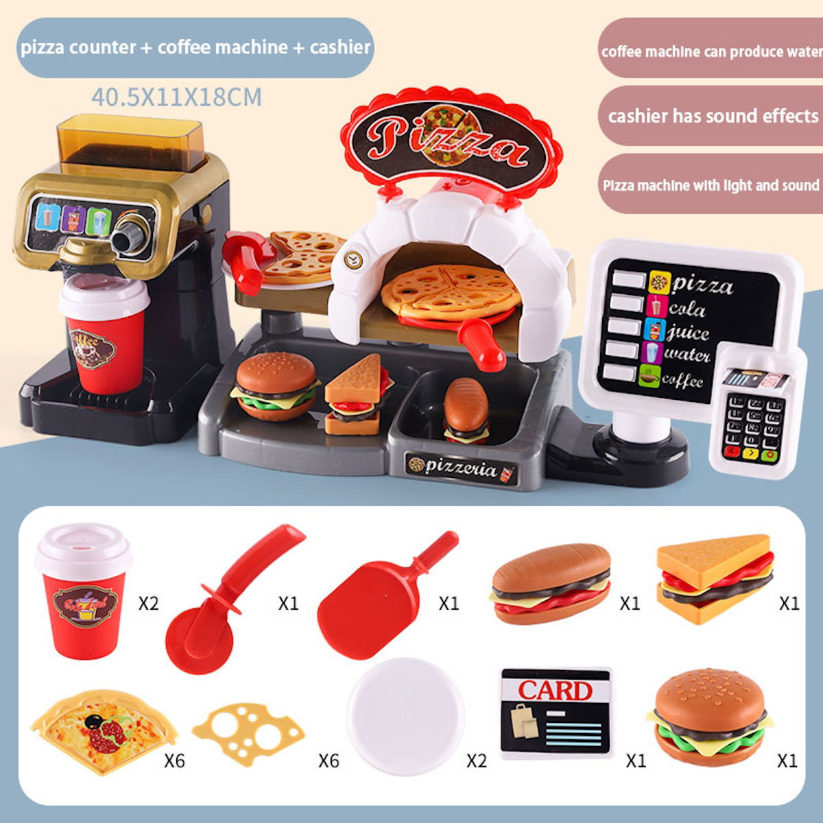 Kids Pretend Play Coffee Maker Hamburger Pizza & Dessert Station with Cash Register - ChildAngle