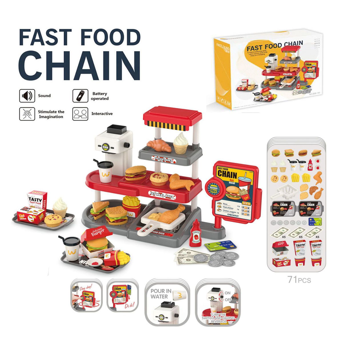 Kids Pretend Play Hamburger and Dessert Stand with Ordering Machine - ChildAngle