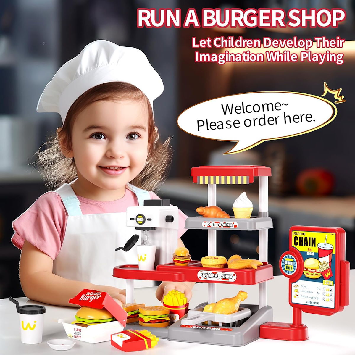 Kids Pretend Play Hamburger and Dessert Stand with Ordering Machine - ChildAngle