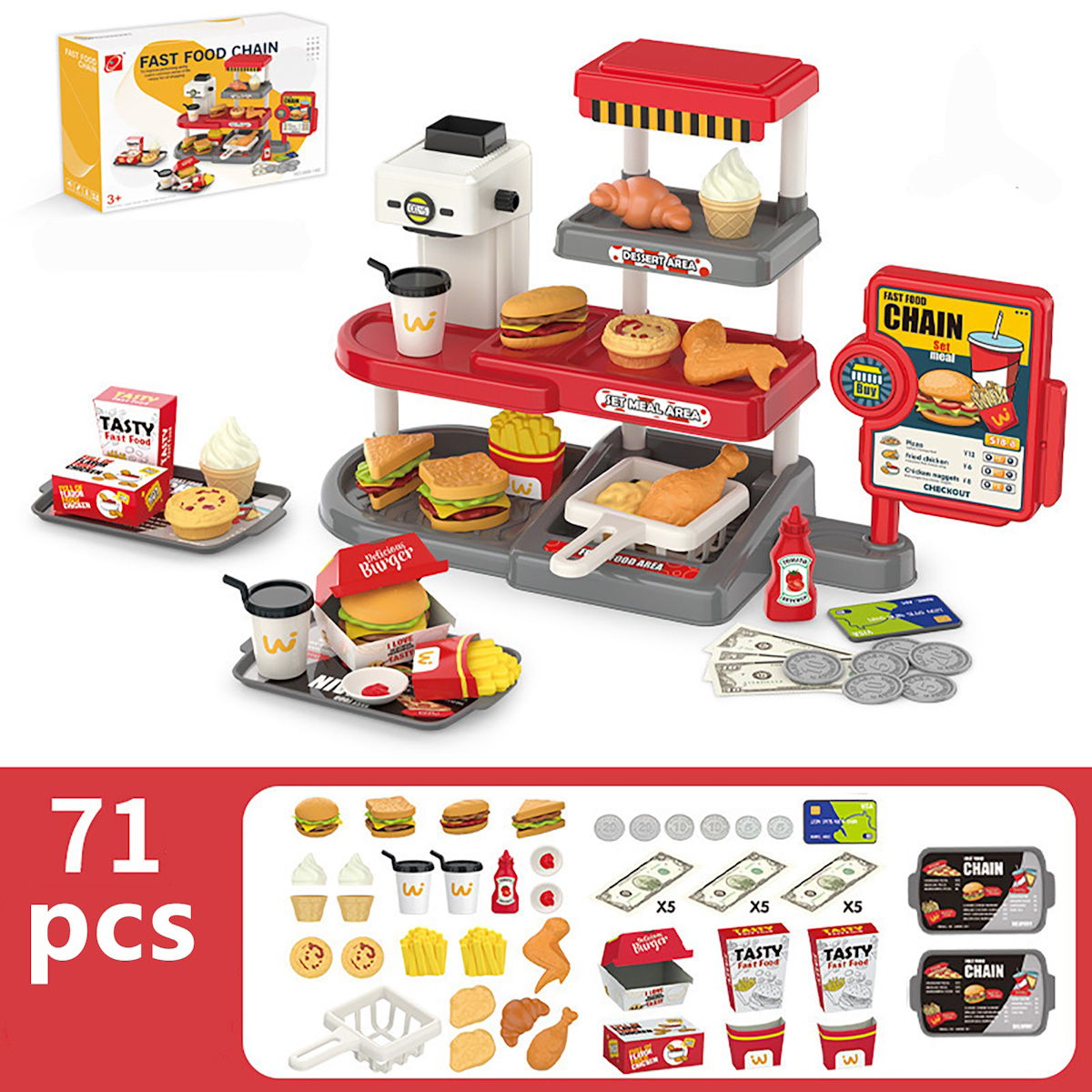 Kids Pretend Play Hamburger and Dessert Stand with Ordering Machine - ChildAngle