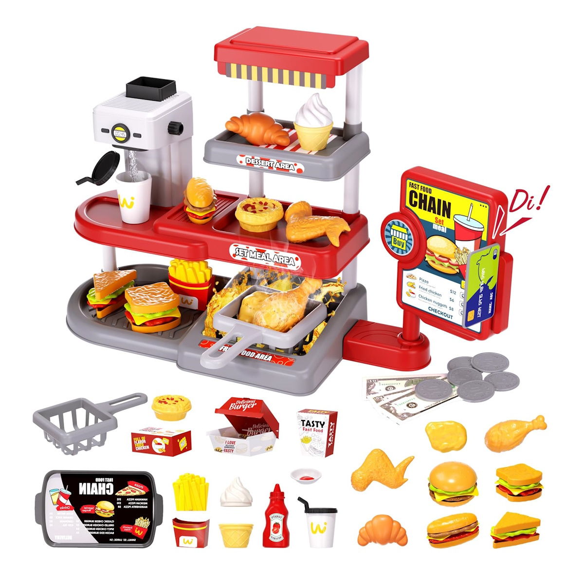 Kids Pretend Play Hamburger and Dessert Stand with Ordering Machine - ChildAngle