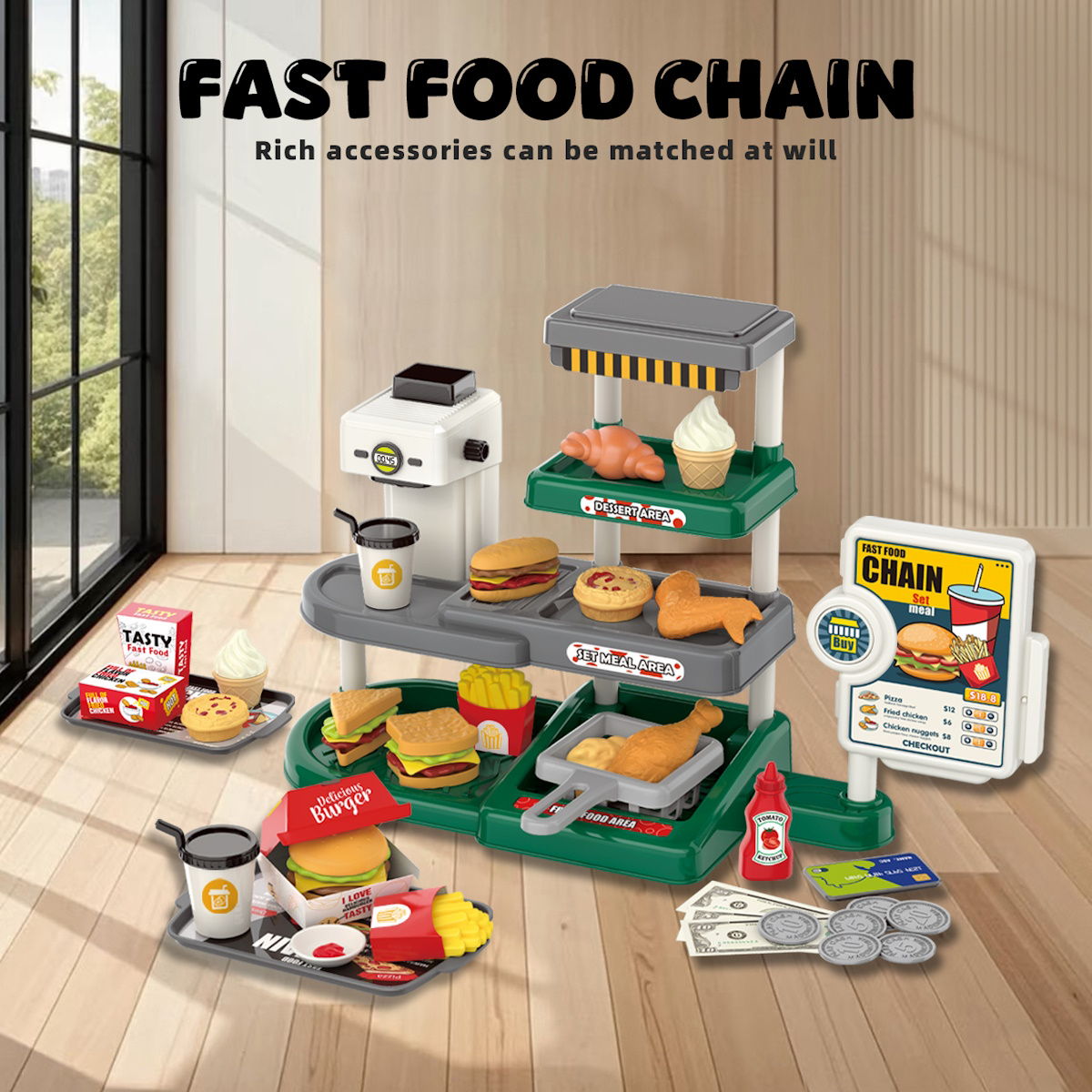 Kids Pretend Play Hamburger and Dessert Stand with Ordering Machine - ChildAngle