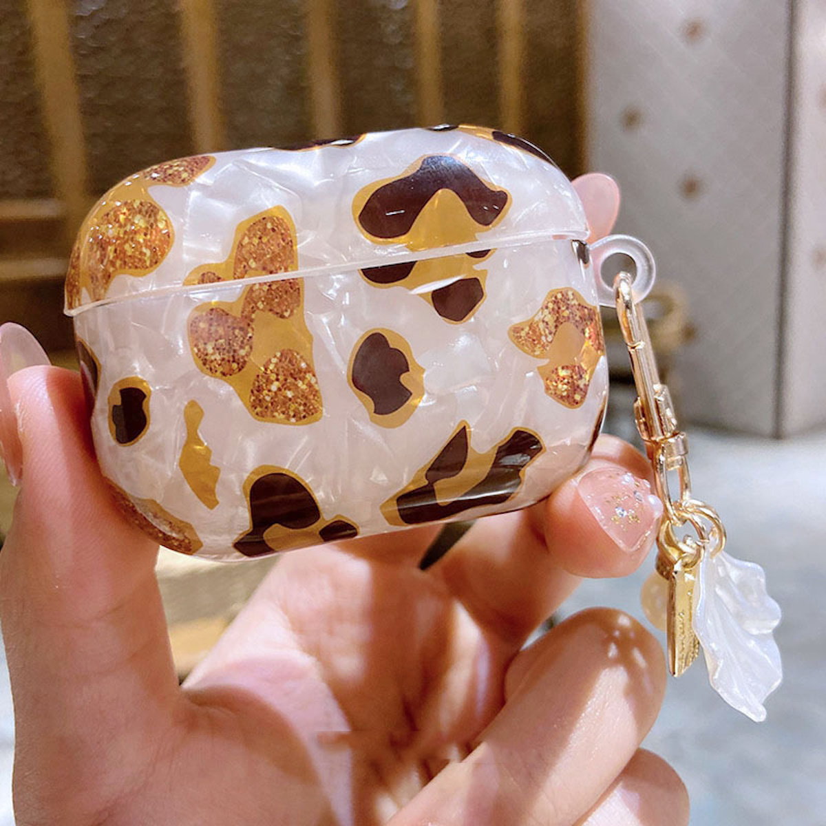 Glitter Leopard Print AirPods Case with Elegant Latch - ChildAngle Leopard Print AirPods Case