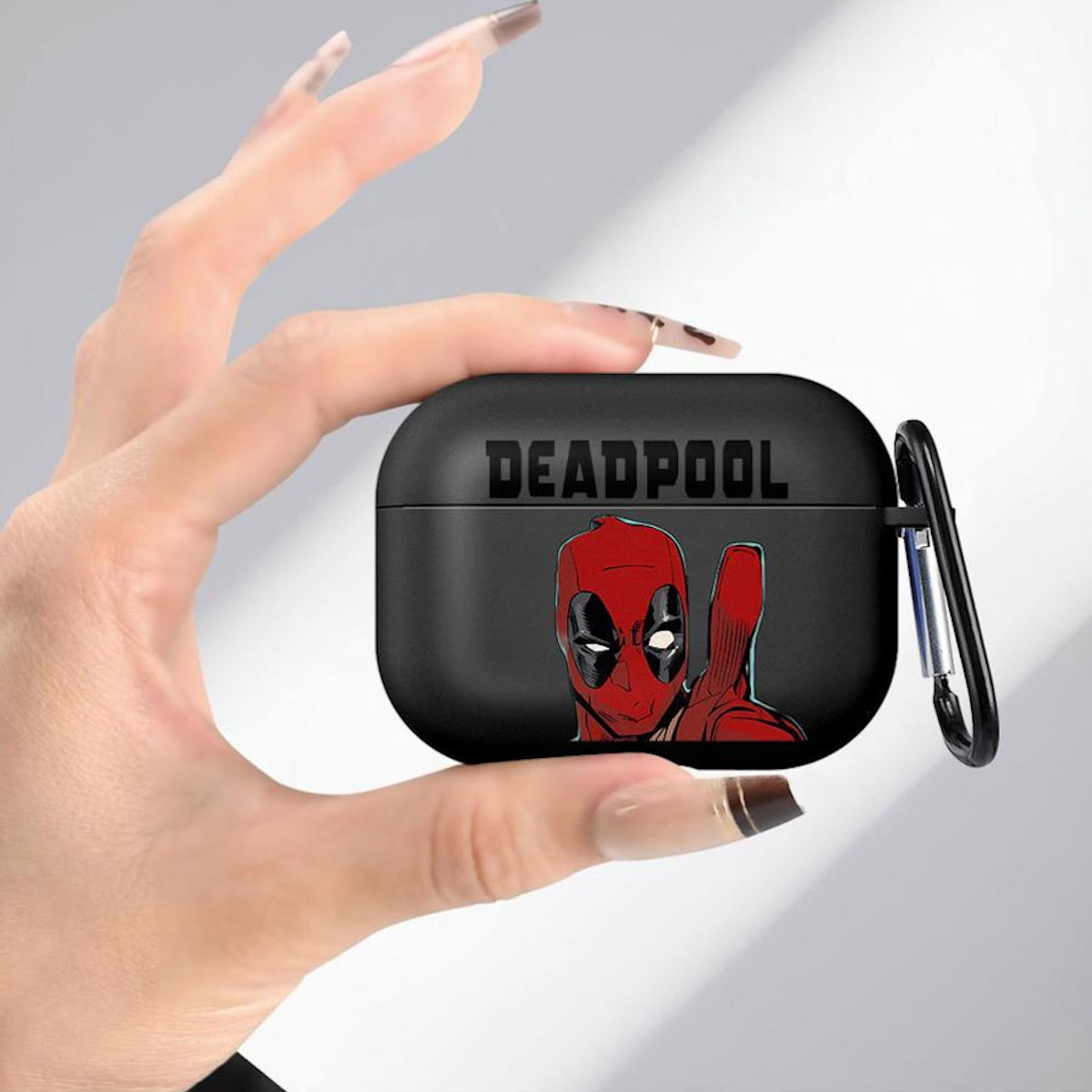 Black AirPods case with Marvel Deadpool design - ChildAngle Deadpool AirPods Case