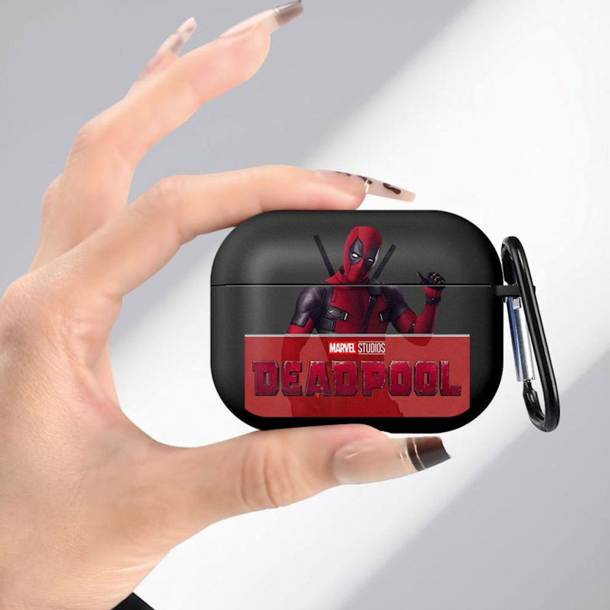 Black AirPods case with Marvel Deadpool design - ChildAngle Deadpool AirPods Case