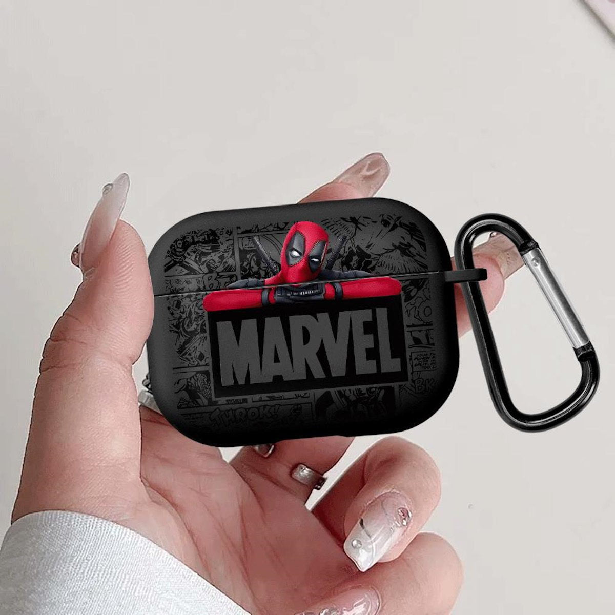 Black AirPods case with Marvel Deadpool design - ChildAngle Deadpool AirPods Case