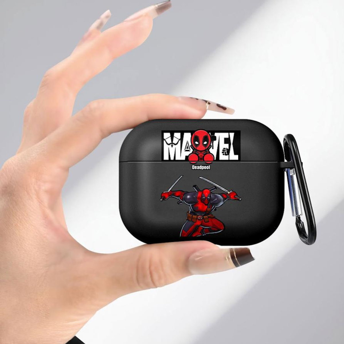 Black AirPods case with Marvel Deadpool design - ChildAngle Deadpool AirPods Case