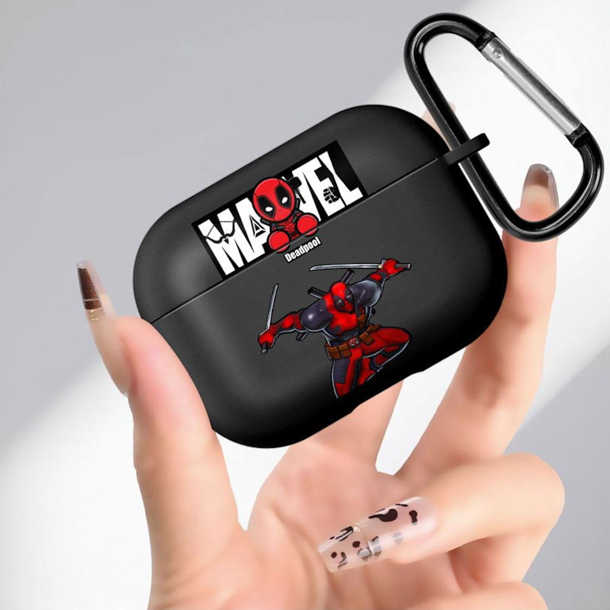 Black AirPods case with Marvel Deadpool design - ChildAngle Deadpool AirPods Case