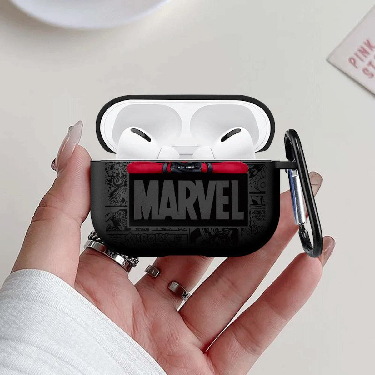 Black AirPods case with Marvel Deadpool design - ChildAngle Deadpool AirPods Case