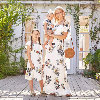 Spring Summer Mother Daughter Matching Dresses White Flower Floral Mommy and Me Outfits - ChildAngle