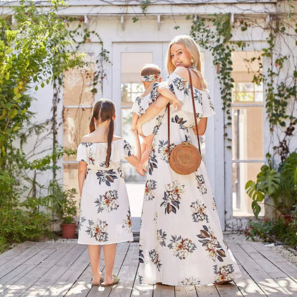 Spring Summer Mother Daughter Matching Dresses White Flower Floral Mommy and Me Outfits - ChildAngle