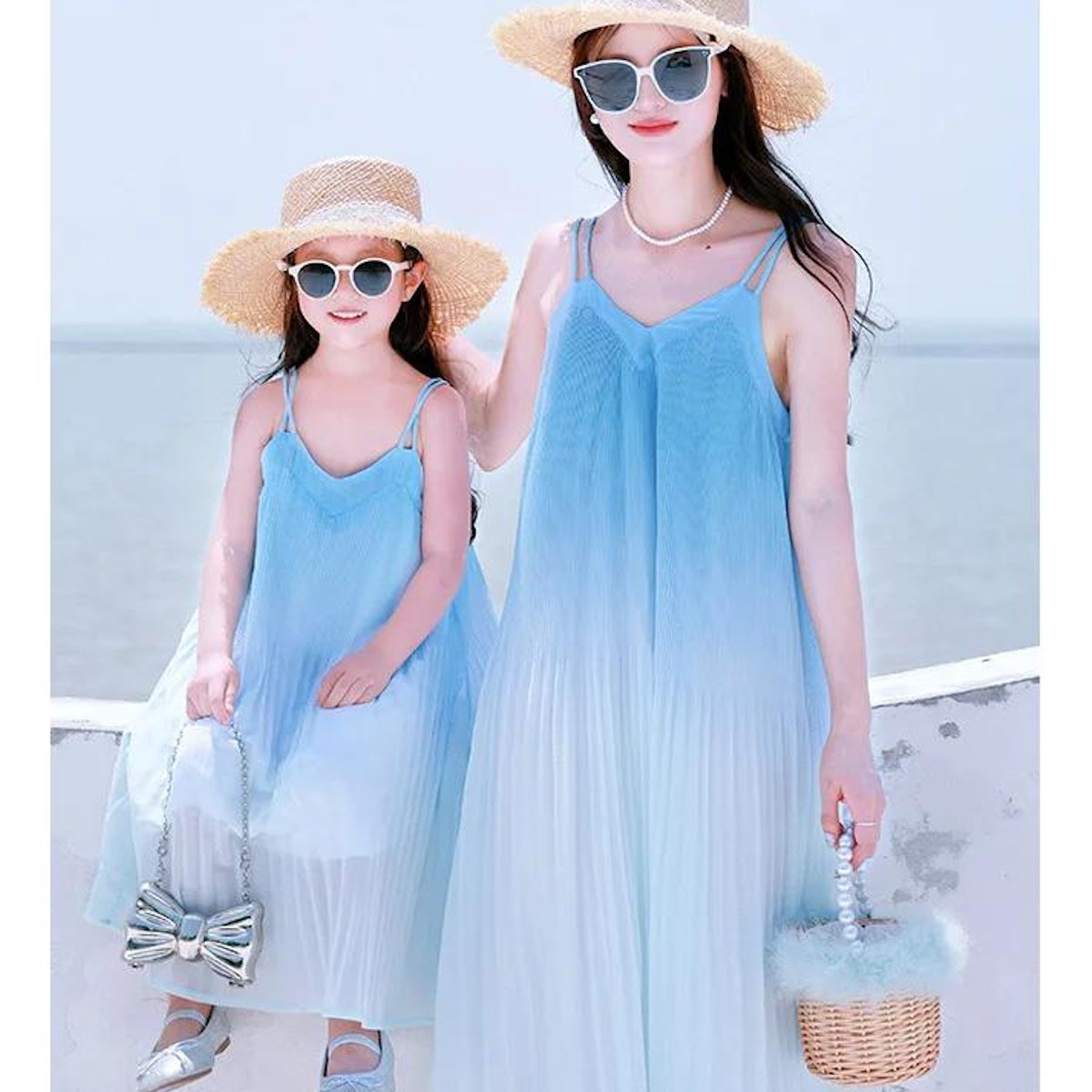 Family Matching Dress Blue Ombre Sleeveless Dress for Mom and Daughter and T-Shirts for Father and Son - ChildAngle