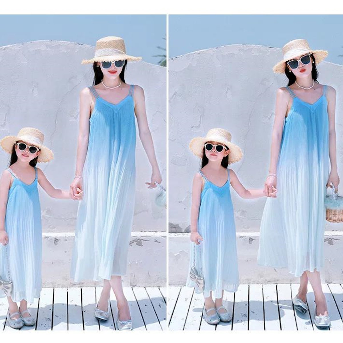 Family Matching Dress Blue Ombre Sleeveless Dress for Mom and Daughter and T-Shirts for Father and Son - ChildAngle