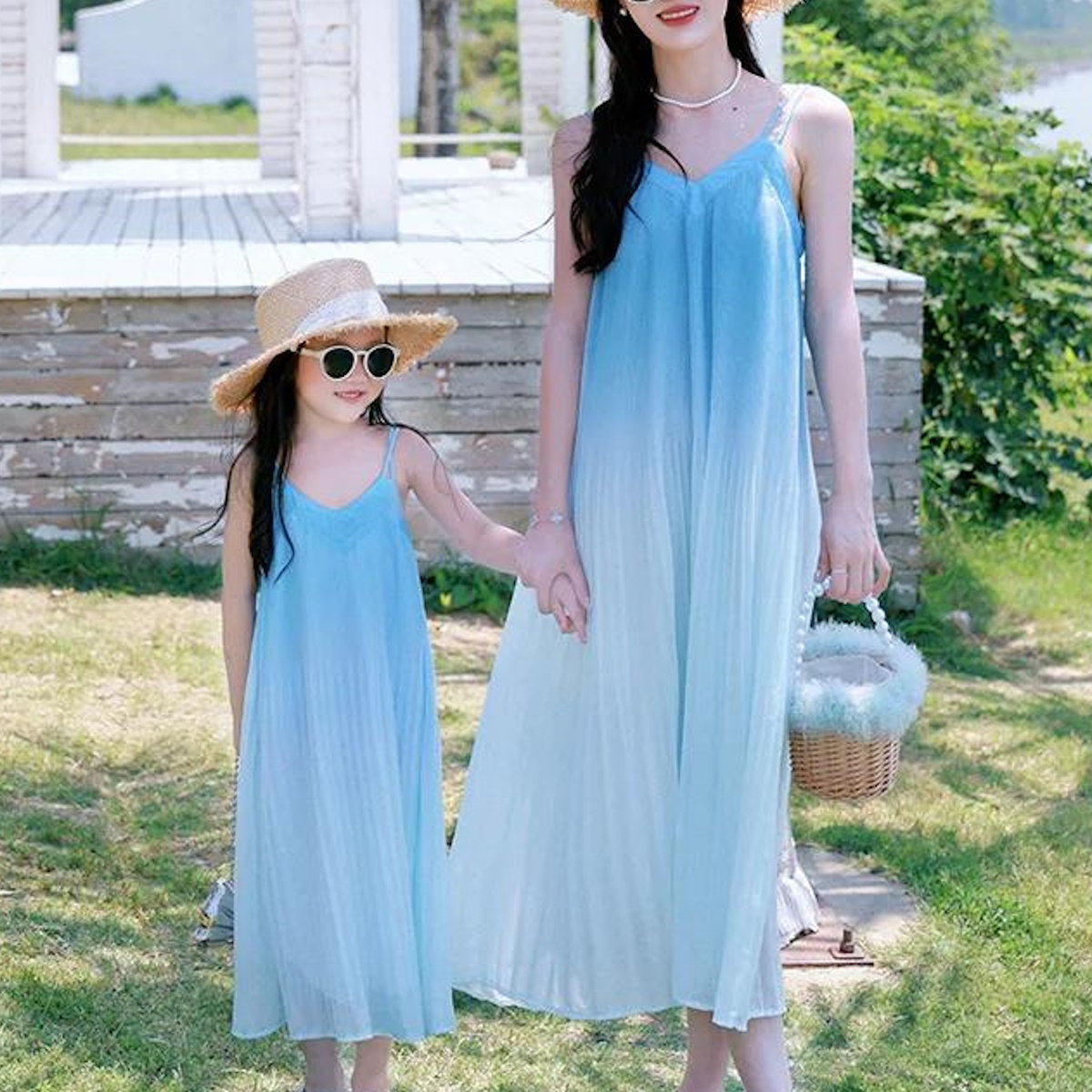 Family Matching Dress Blue Ombre Sleeveless Dress for Mom and Daughter and T-Shirts for Father and Son - ChildAngle