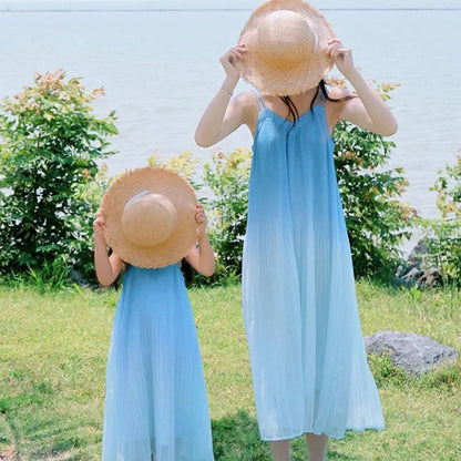 Family Matching Dress Blue Ombre Sleeveless Dress for Mom and Daughter and T-Shirts for Father and Son - ChildAngle