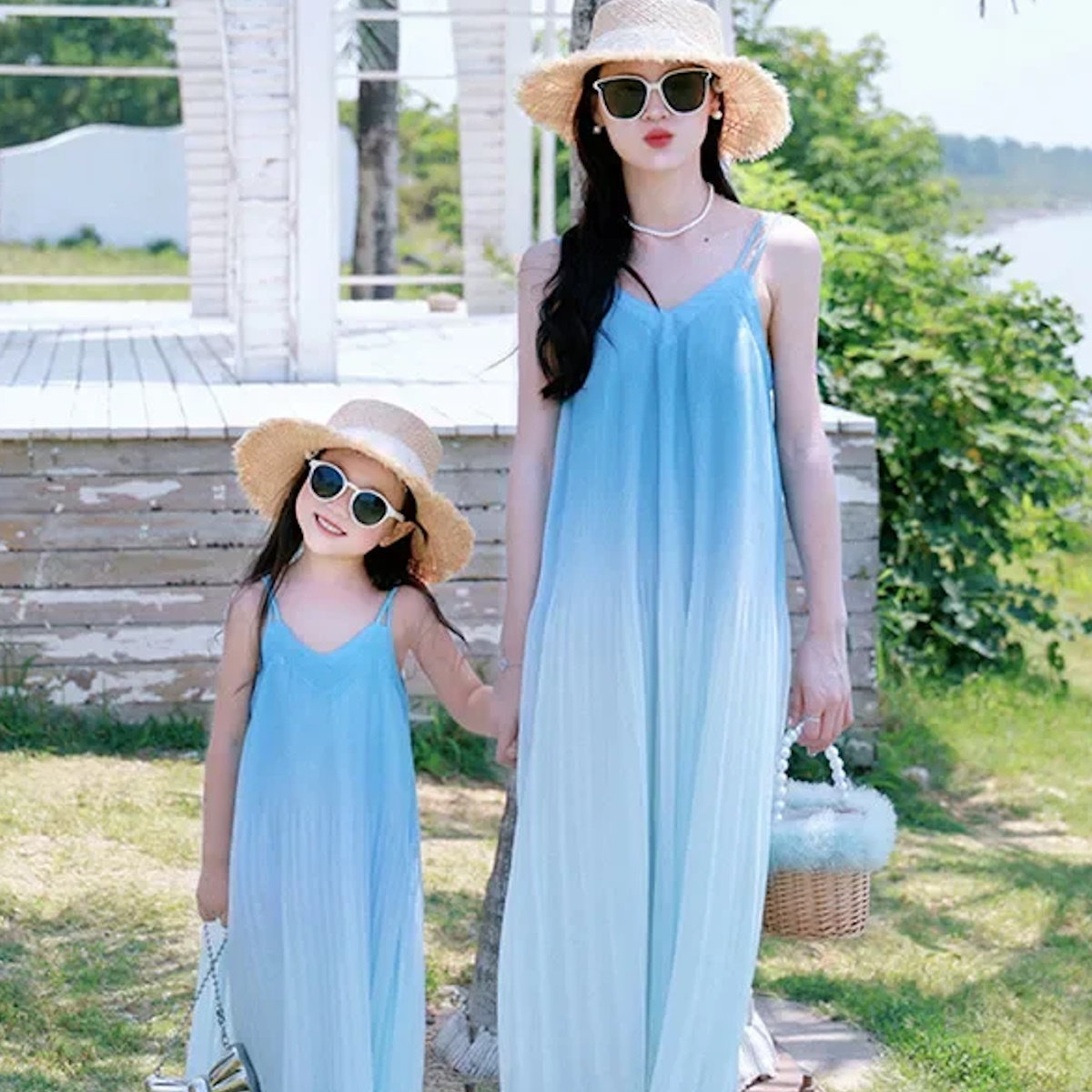 Family Matching Dress Blue Ombre Sleeveless Dress for Mom and Daughter and T-Shirts for Father and Son - ChildAngle