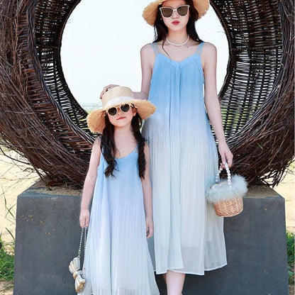 Family Matching Dress Blue Ombre Sleeveless Dress for Mom and Daughter and T-Shirts for Father and Son - ChildAngle