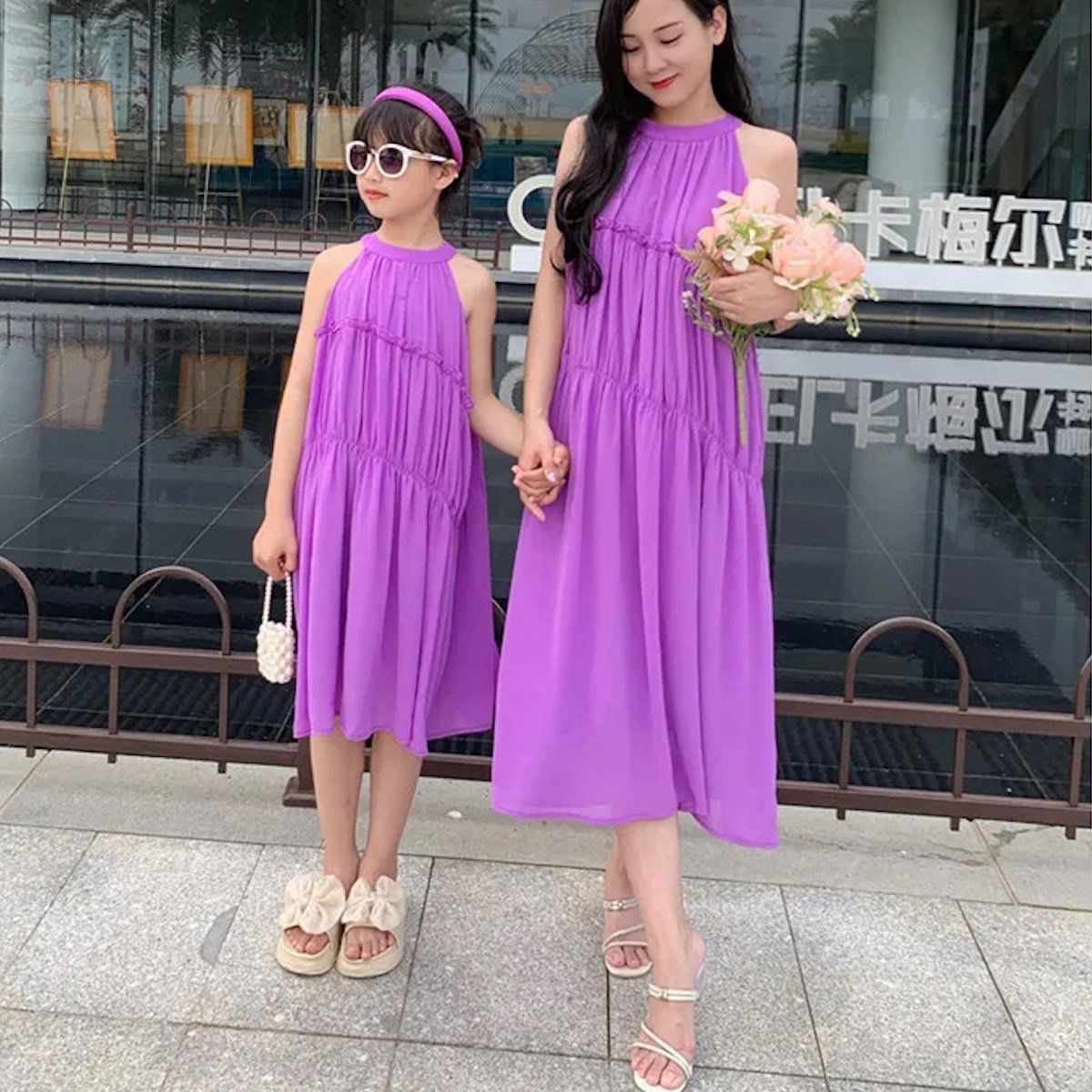 mommy and me purple dresses Puffy Purple Mommy and Me Long Matching Party Dress