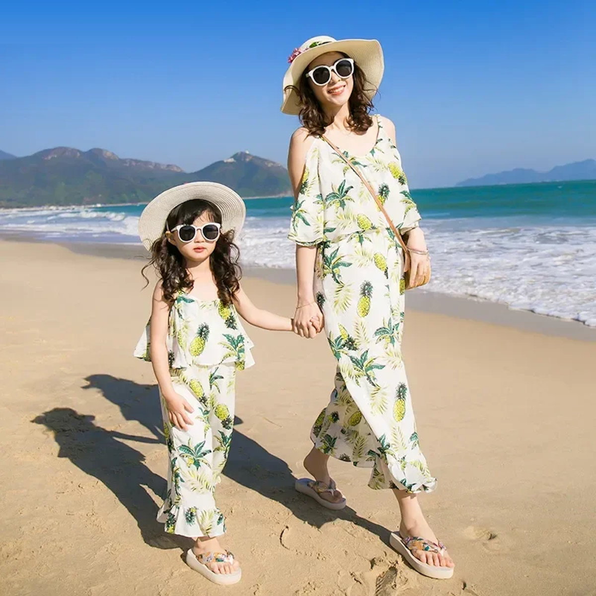 Mommy and Me Pineapple Print Flare Sleeve Floral Jumpsuit for Mom and Daughter - ChildAngle
