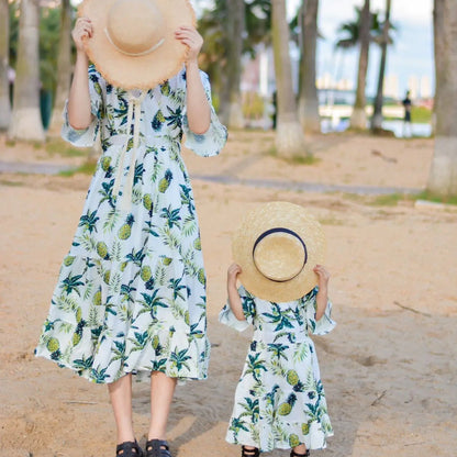 Mom and Daughter Family Matching Outfits Pineapple Print Mommy and Me Flare Sleeve Floral Dress - ChildAngle